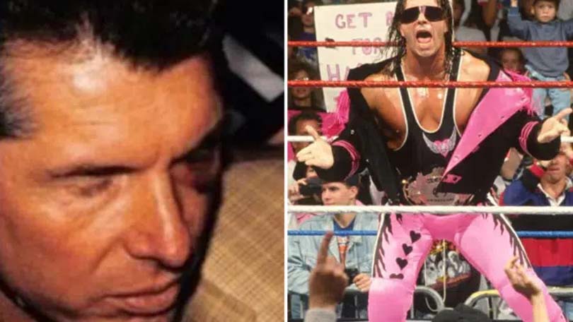Vince McMahon (vlevo) s monoklem od Breta Harta (vpravo)