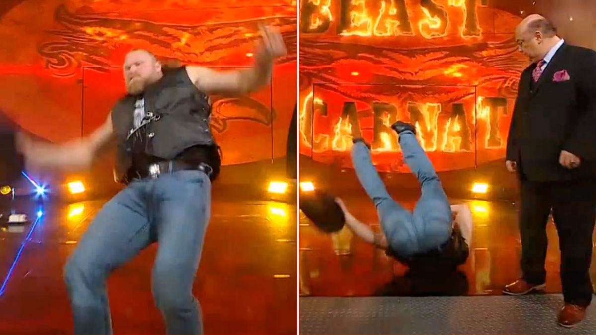 Vtipná reakce Brocka Lesnara na svůj vlastní pád v show RAW